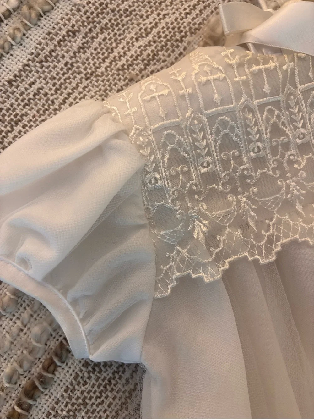 White Lace-Trim Baby Baptism Dress with Bonnet and Shoes